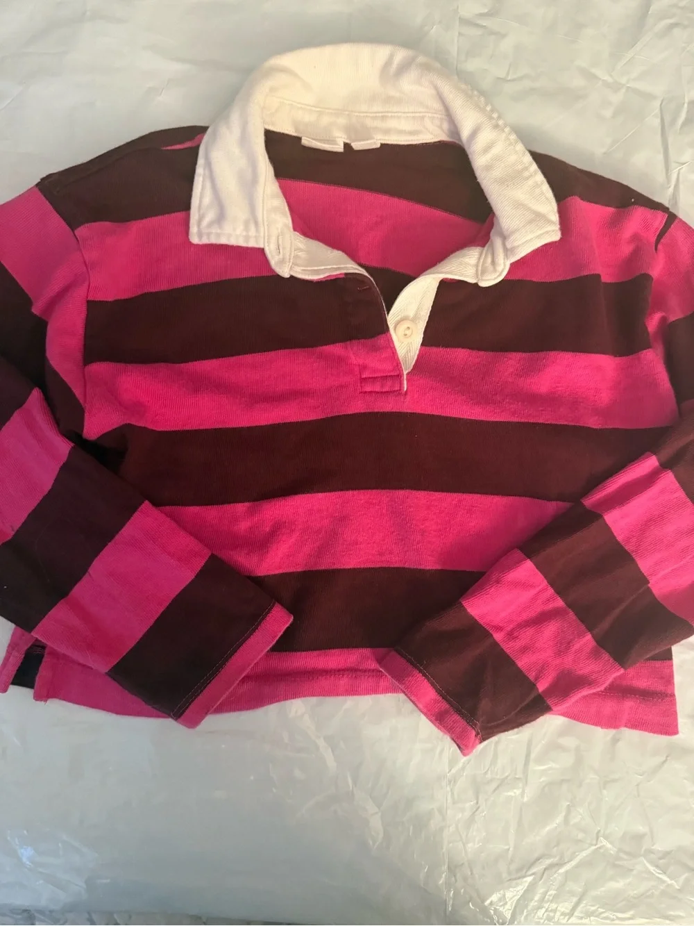 GAP Hot Pink & Brown Striped Rugby Pullover with White Collar